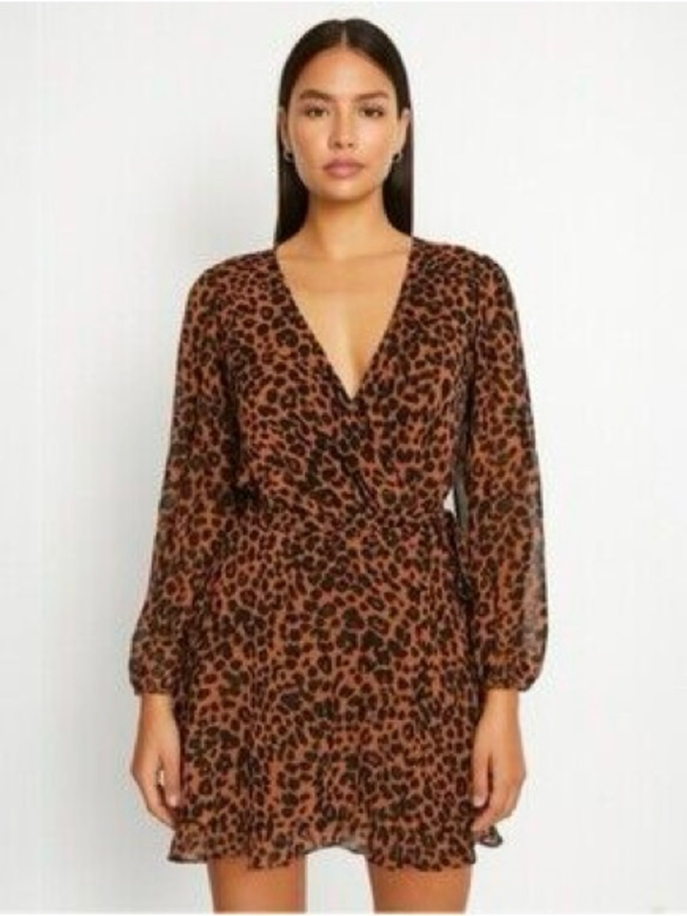 Gianni Bini Brown Leopard Print Wrap Long Elasticated Cuff Sleeve Mini Dress L